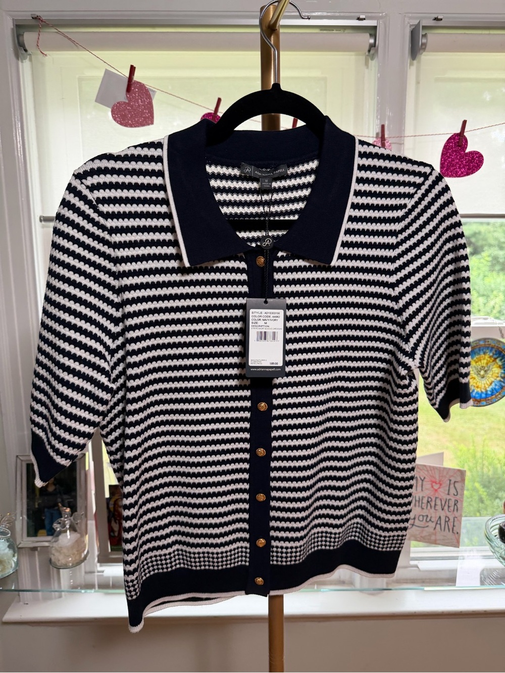 Adrianna Papell Striped  Knit Polo Cardigan in Navy and White